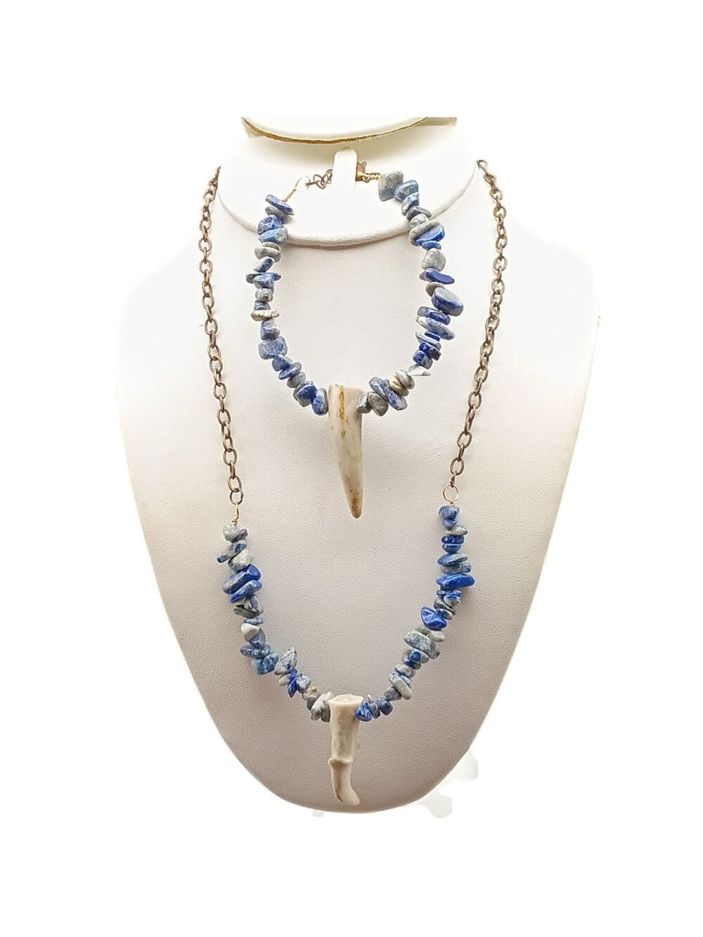 Vintage Lapis Lazuli Stone & Antler Point Pendant Necklace and Bracelet Set